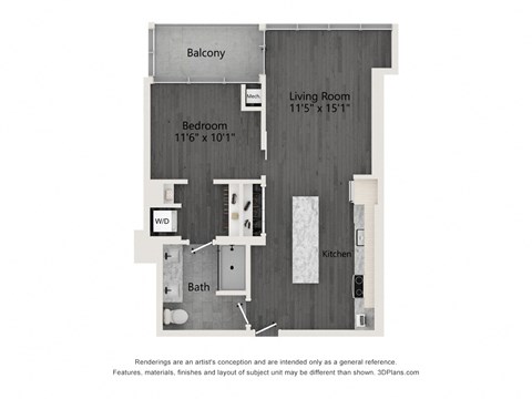 Floor plan for 1 bed, 1 bath, 758 sqft